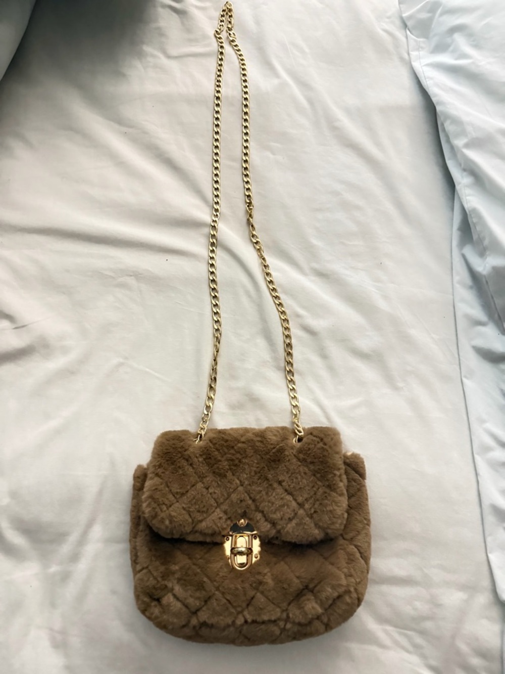 Plush Quilted Faux Fur Crossbody Bag in Brown with Gold Chain